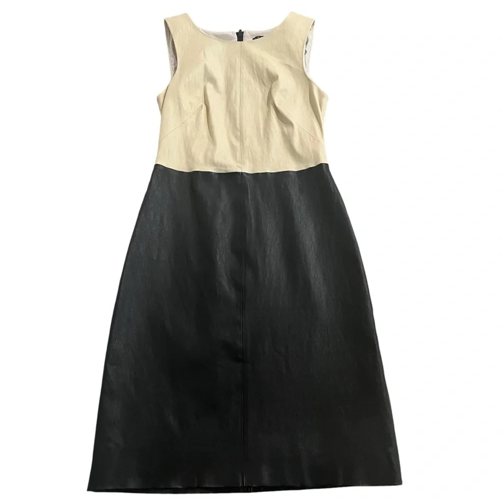 Theory Feria C Danish Leather Dress Bone & Black Lined Sleeveless Bodycon Size 0